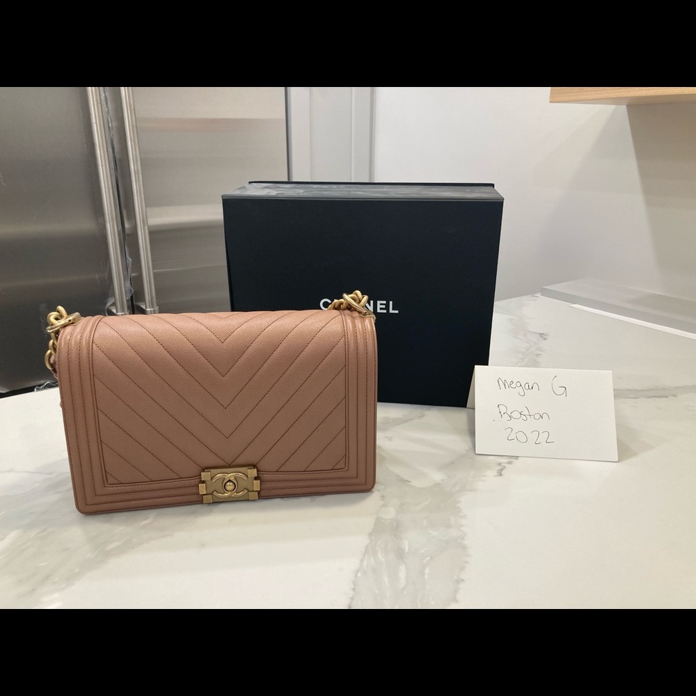 Chanel beige chevron caviar boy bag